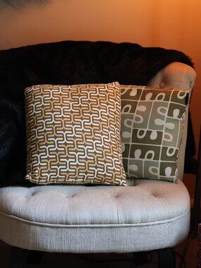 Mid Century Modern Geometric Throw Pillows Set of 2 Olive Green Brown Atomic MCM